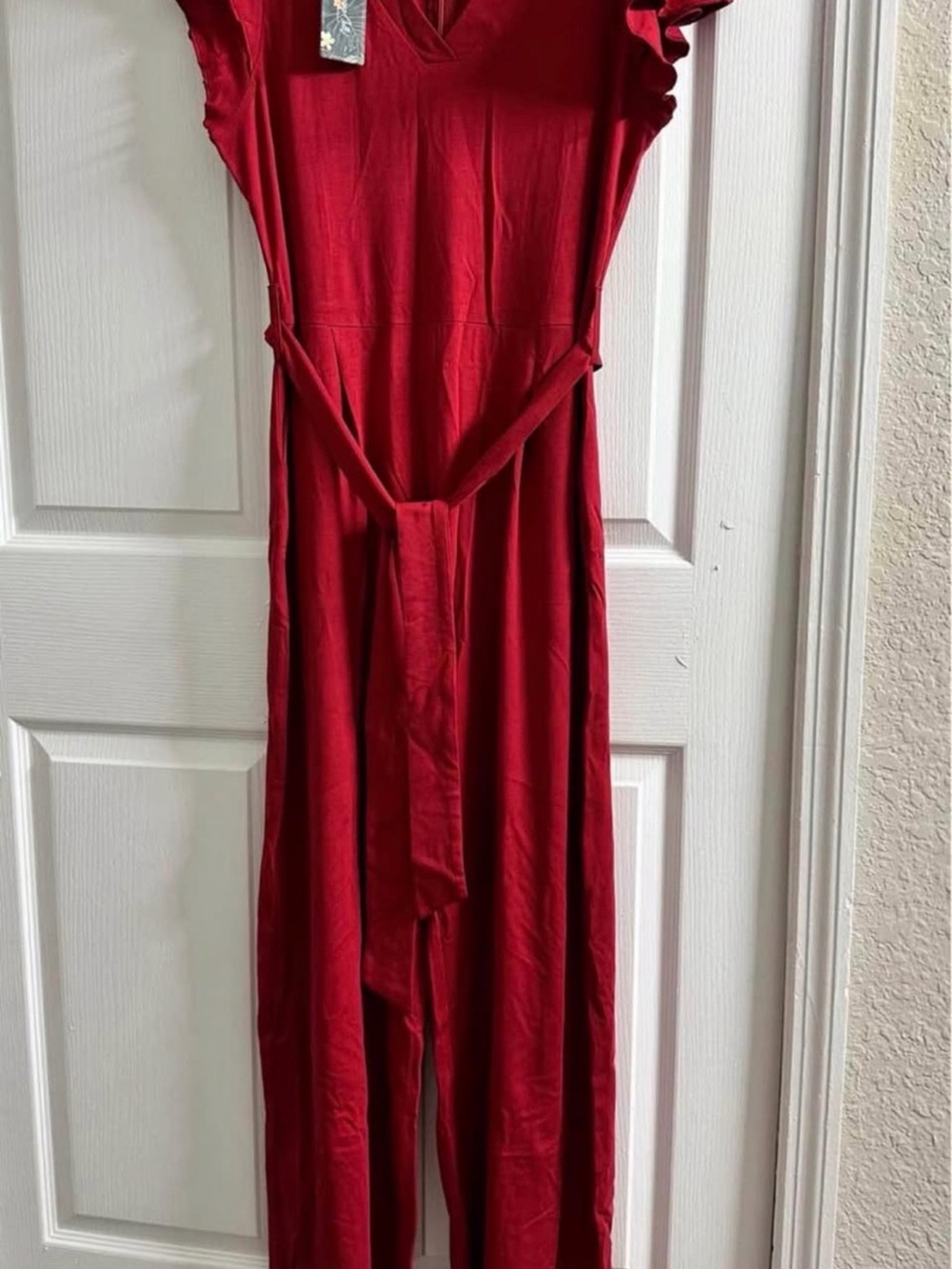 Women's Red V-Neck Jumpsuit with Self Tie Waist
